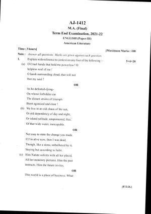 Bilaspur University Question Paper 2021-2022:M.A (Final) English American Literature paper 1