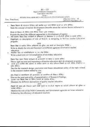 Bilaspur University Question Paper June 2022:Master Of Education (Sem IV) Prespectives,Research & Issue In Teacher Education Paper 1