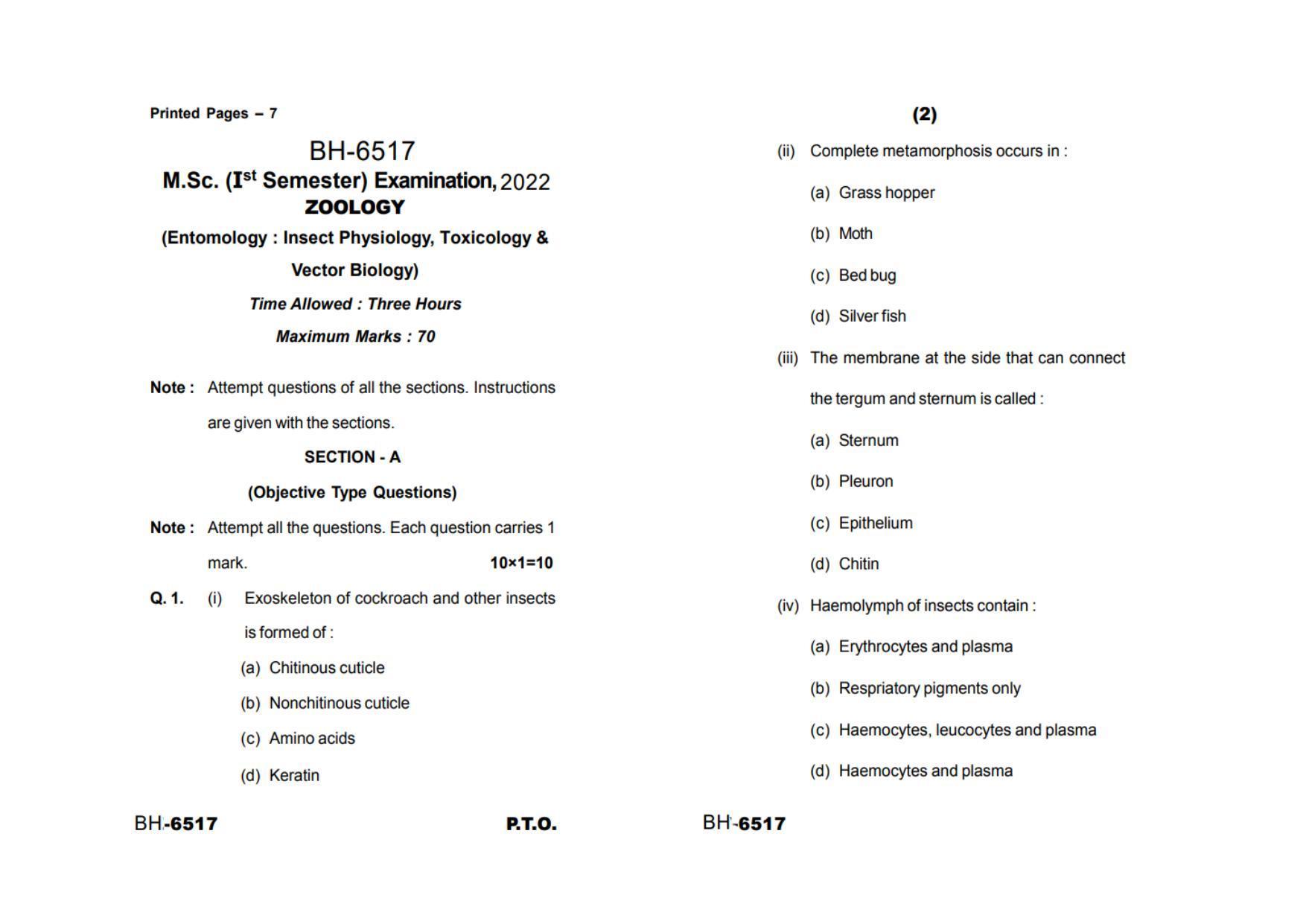 Sarguja University Question Paper - 2022 : M.Sc.In Zoology (First Sem.)Emtomology-Insept Physiology Toxicology & Vector Biology Y Paper 1 - Page 1