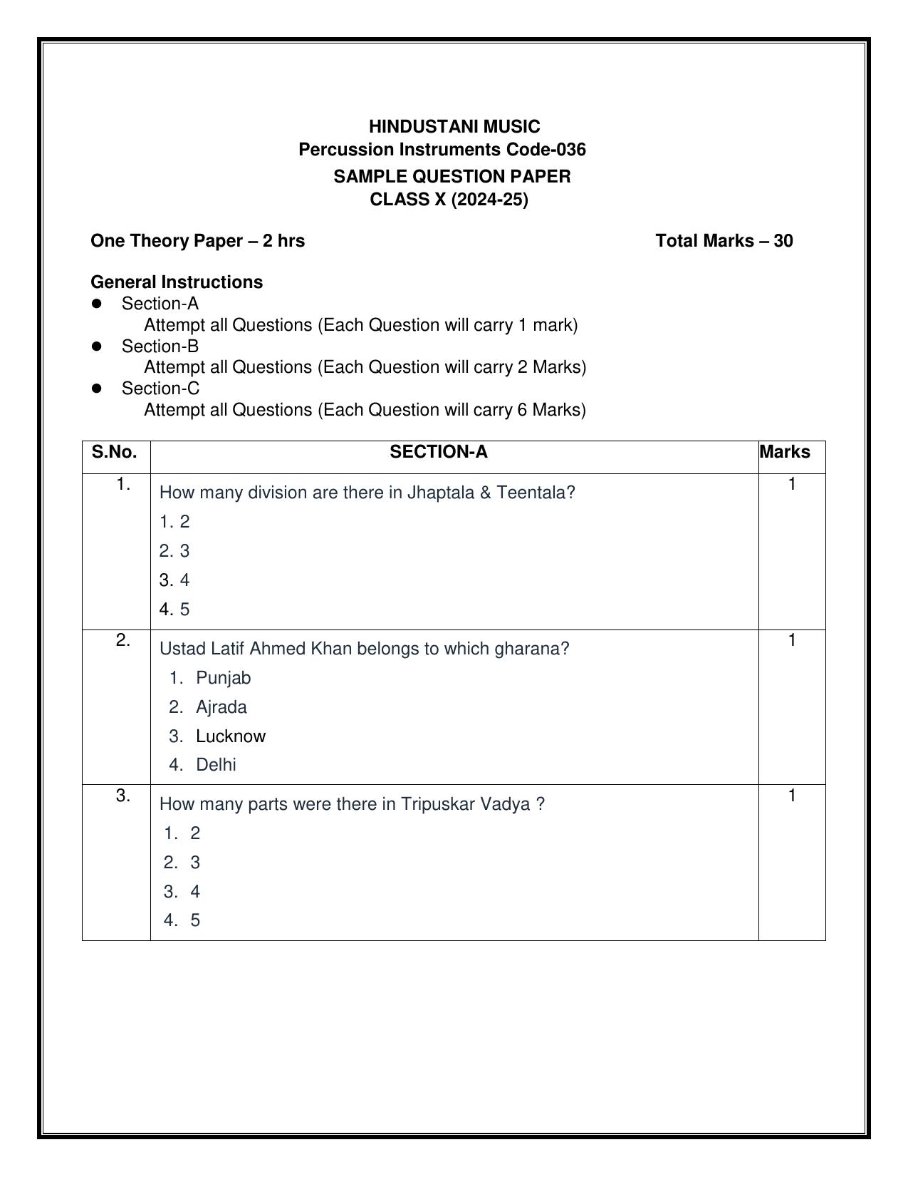 CBSE Class 10 Hindustani Music (Percussion) Sample Paper 2025 - Page 1