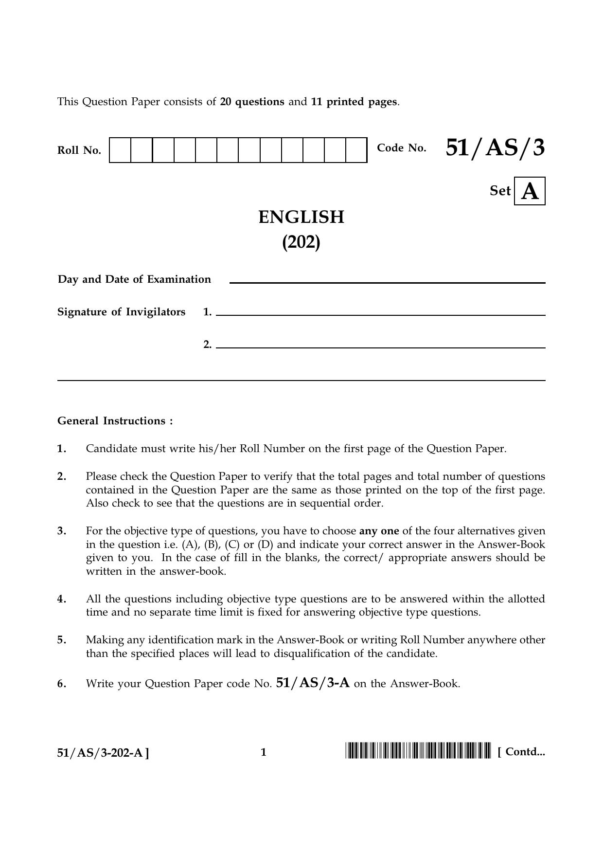 NIOS October 2015 Class 10 English Question Paper - Page 1