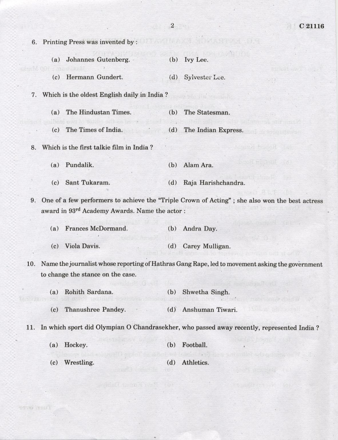 CUCAT 2022 M.A Journalism & Mass Communication Question Paper - Page 2