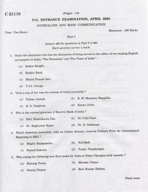 CUCAT 2022 M.A Journalism & Mass Communication Question Paper