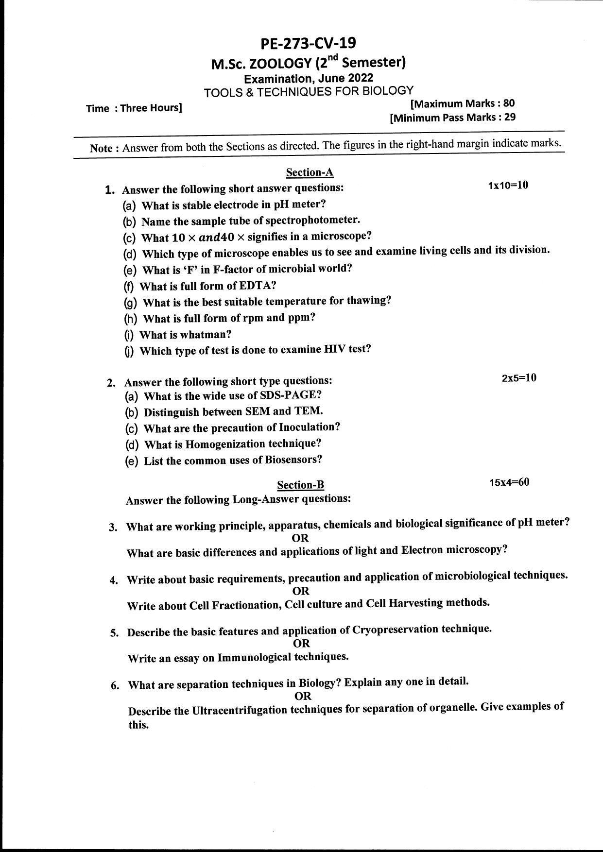 Bilaspur University Question Paper June 2022:M.Sc. Zoology (Second Semester) Tools And Techniques For Biology Paper 1 - Page 1