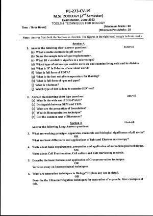 Bilaspur University Question Paper June 2022:M.Sc. Zoology (Second Semester) Tools And Techniques For Biology Paper 1