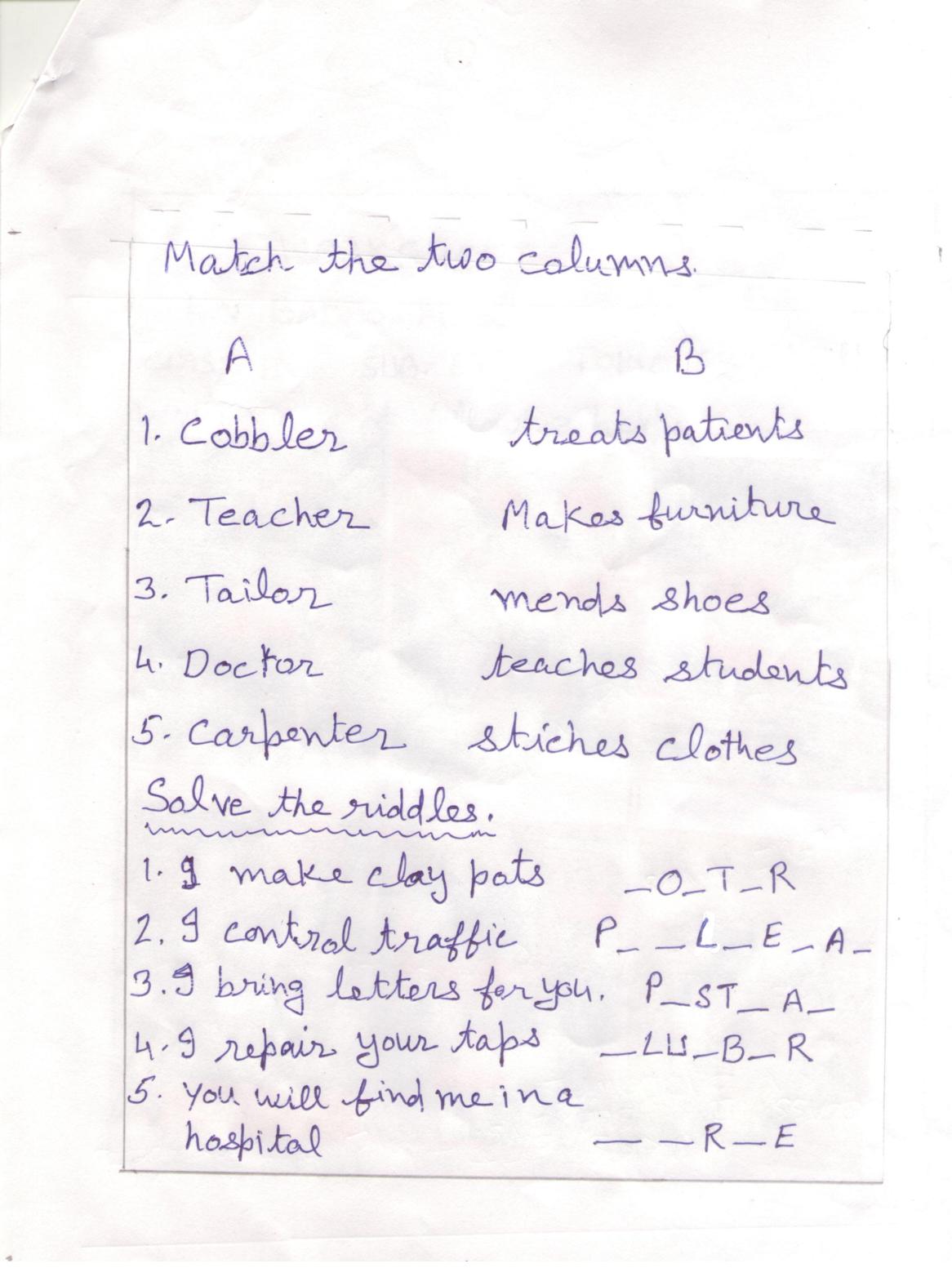 Worksheets for Class 2 EVS Assignment 49 Match - Page 1
