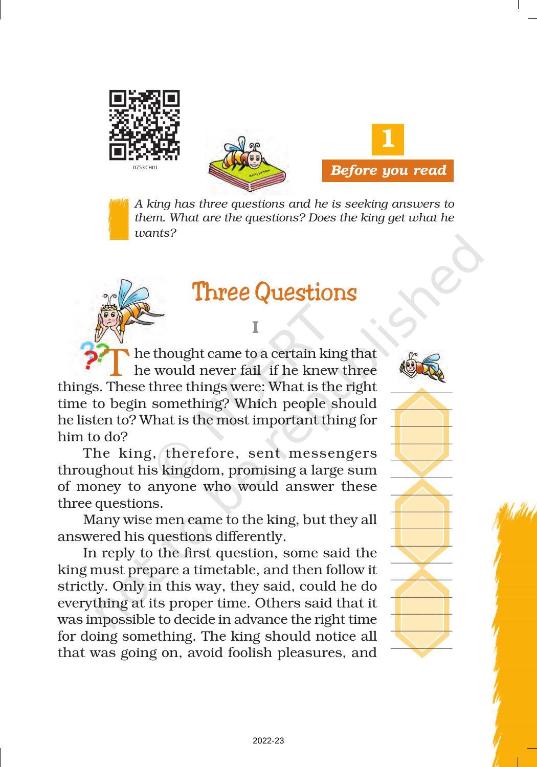 Ncert Book For Class 7 English Honeycomb Chapter 1 Three Questions