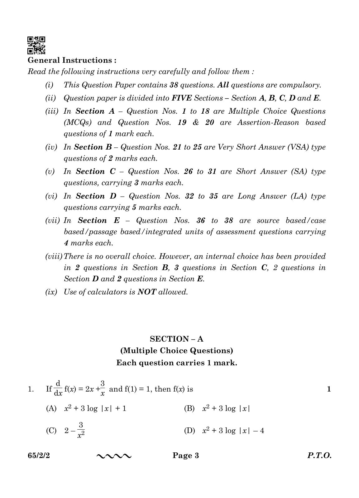 CBSE Class 12 65-2-2 MATHEMATICS 2023 Question Paper - Page 3