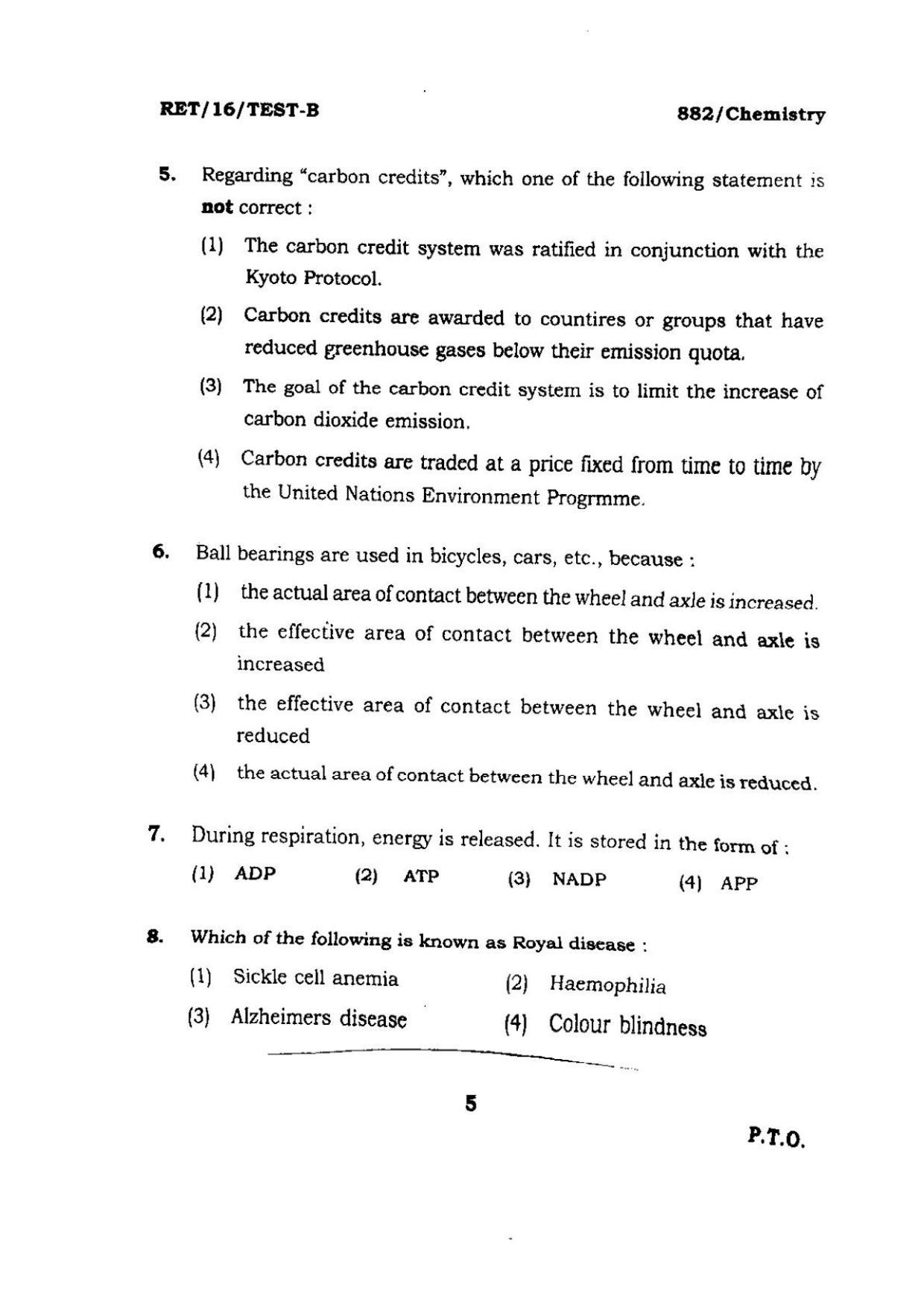 BHU RET CHEMISTRY 2016 Question Paper - Page 5