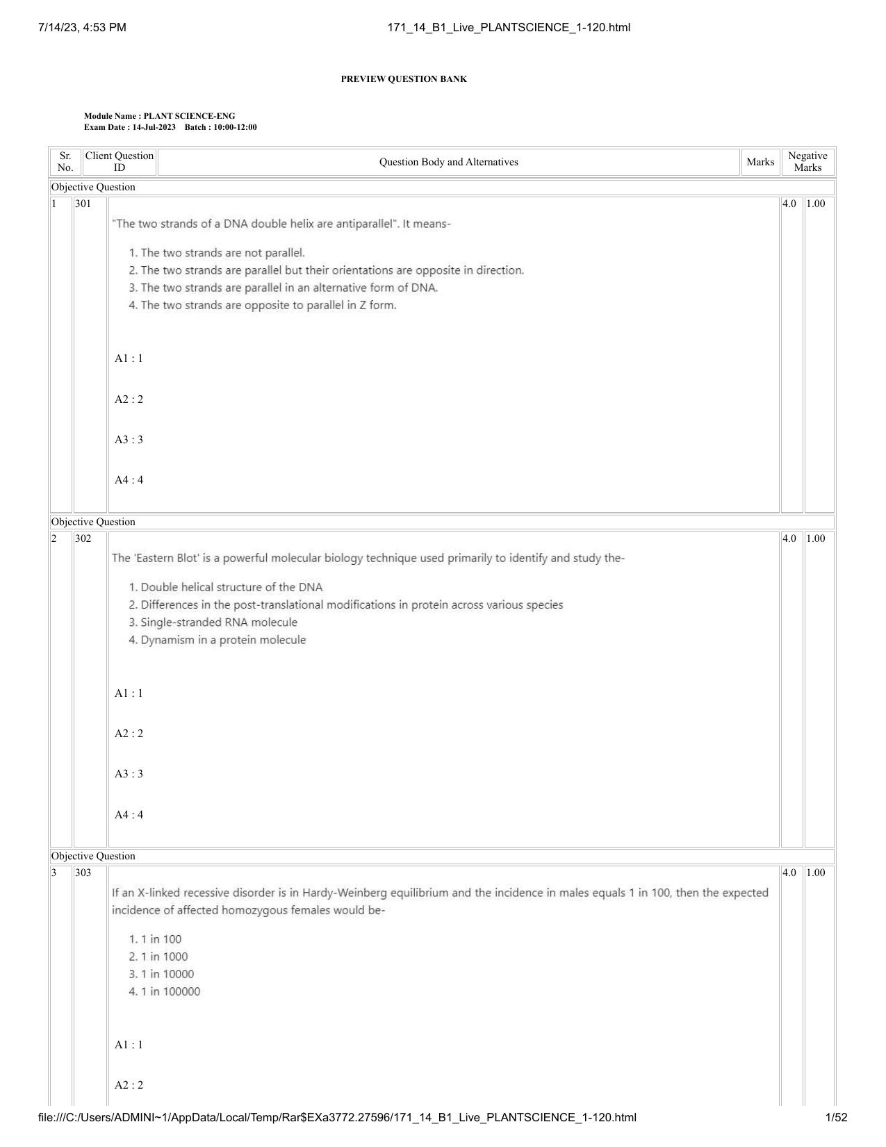 ICAR AIEEA PG 2023 PLANT SCIENCES Question Paper- 14 July 2023 - Page 1