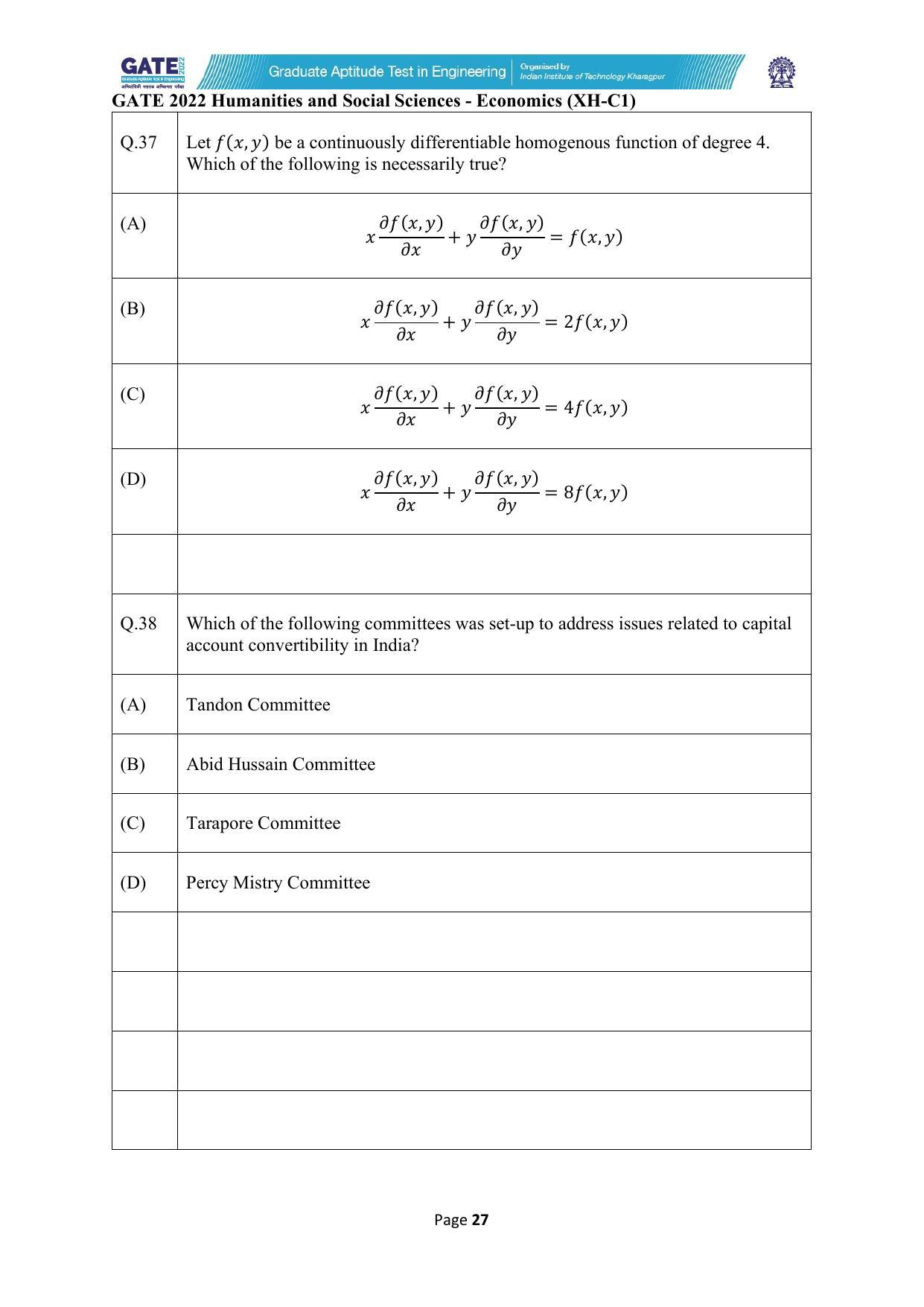 GATE 2022 Humanities & Social Sciences - Economics (XH-C1) Question Paper - Page 27