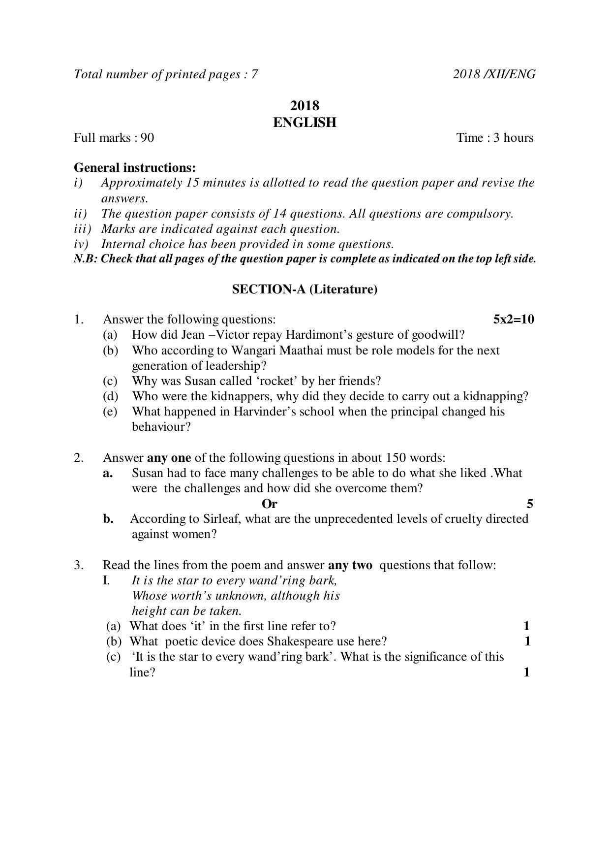 Nagaland Board Class 12 ENGLISH 2018 Question Papers - Page 1