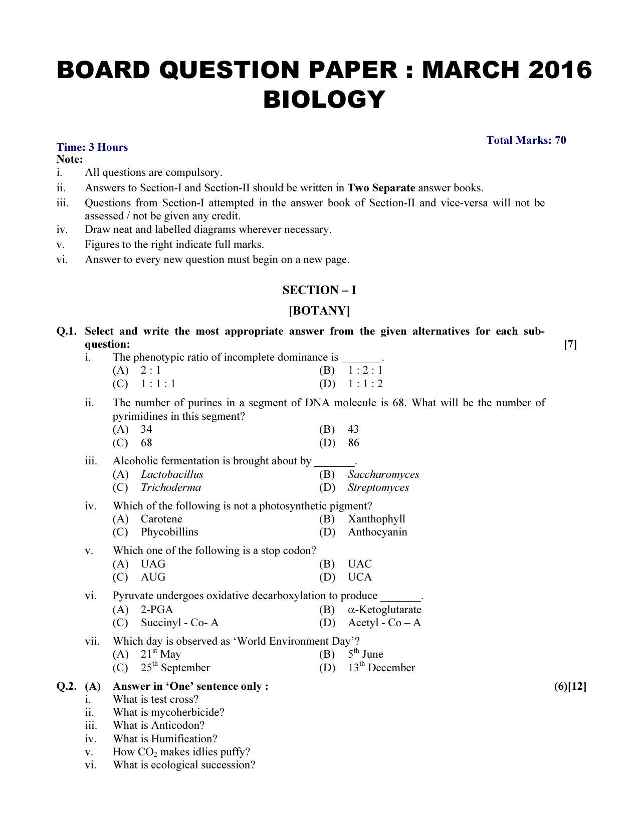 Maharashtra Board HSC Biology 2016 Question Paper - Page 1