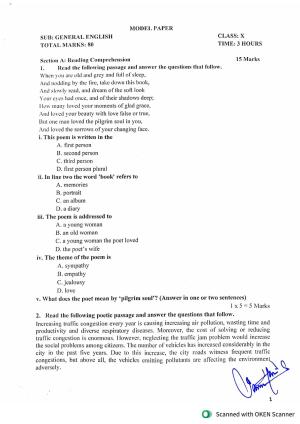 JKBOSE Class 10 English Session 2023-24 onwards Model Question Paper