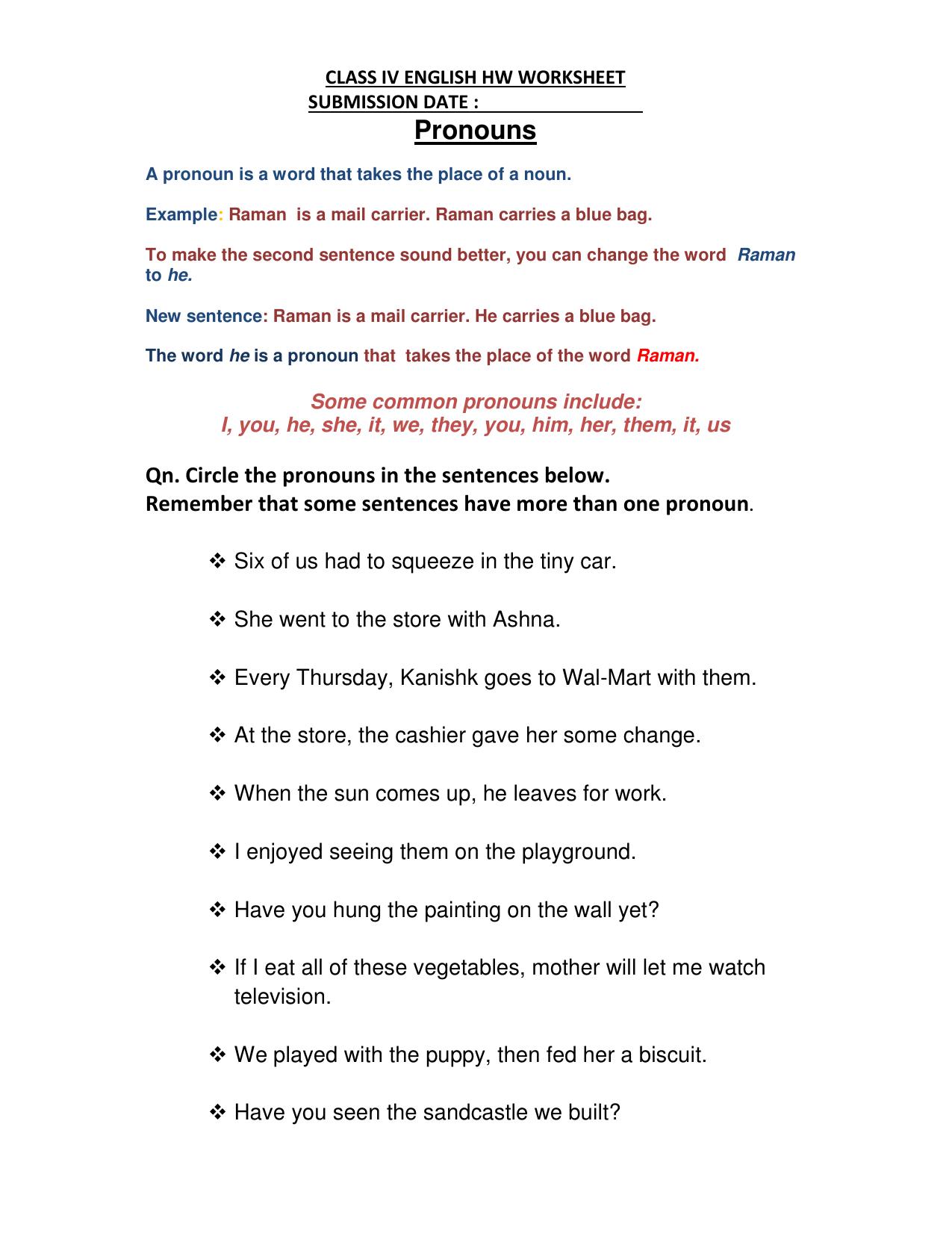 Worksheet for Class 4 English Assignment 95 Pronouns - Page 1