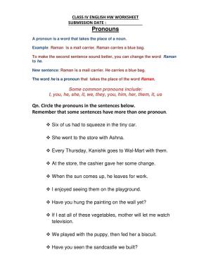 Worksheet for Class 4 English Assignment 95 Pronouns