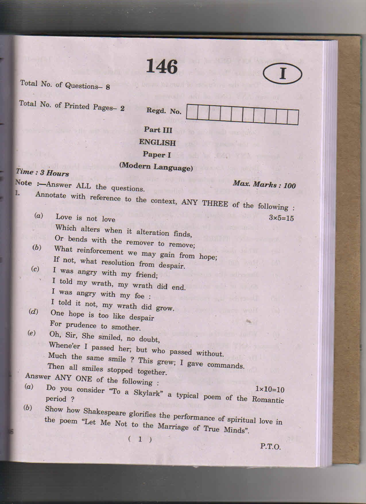 AP Inter 1st Year Modern Language English-I May-2018 (General) Question Paper - Page 1