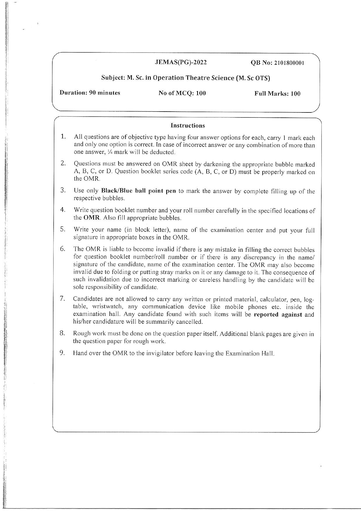 WBJEEB JEMAS (PG) 2022 MSc OTS Question Paper - Page 1
