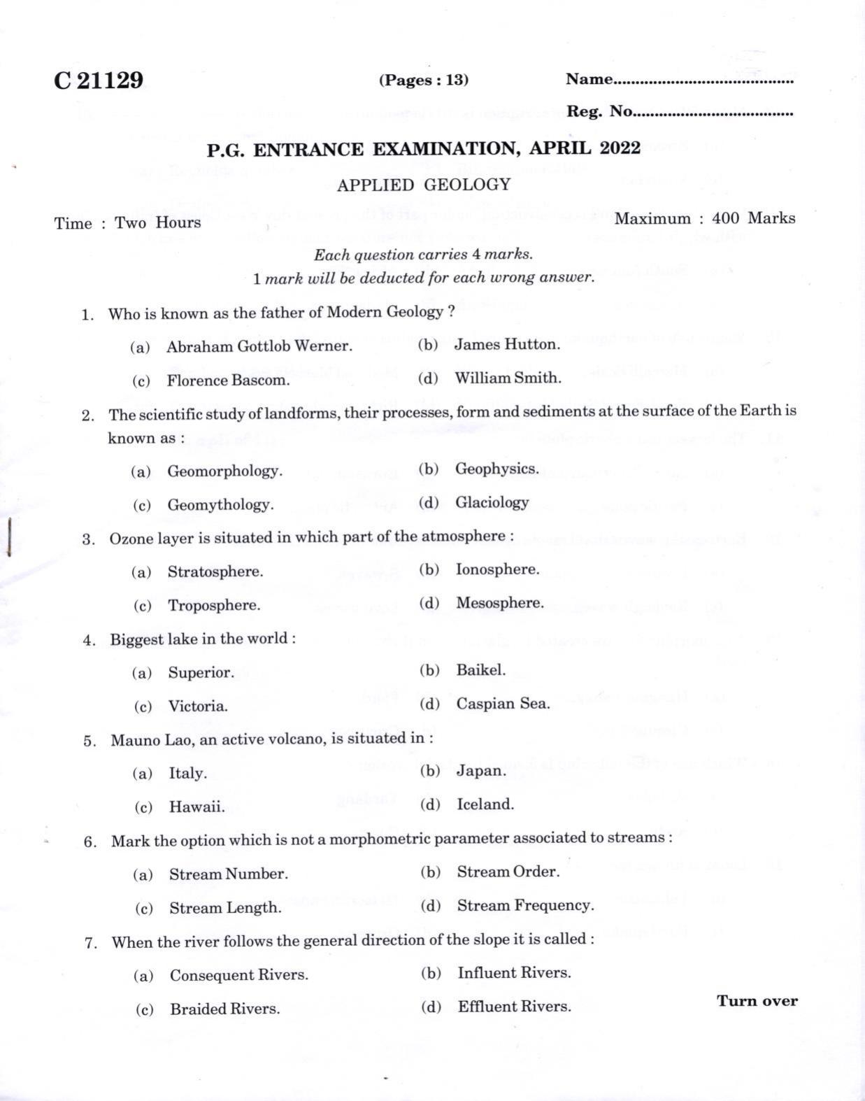 CUCAT 2022 M.Sc. Applied Geology Question Paper - Page 1