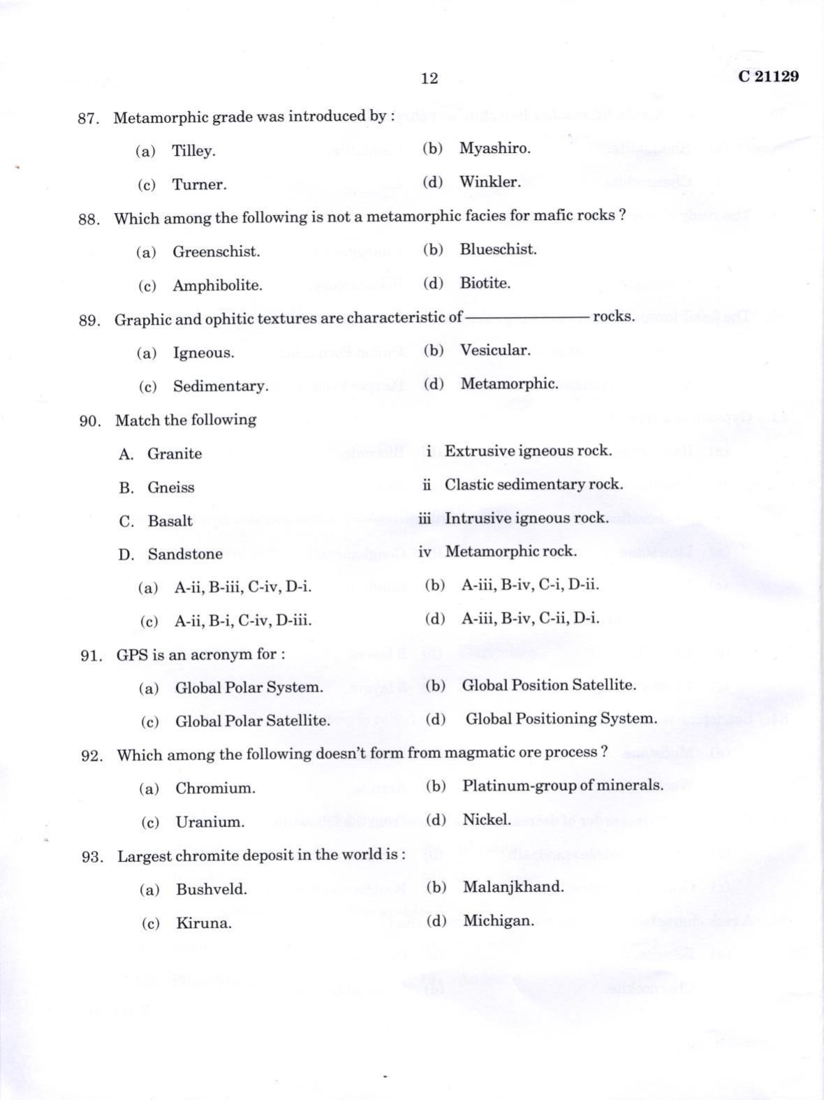 CUCAT 2022 M.Sc. Applied Geology Question Paper - Page 12