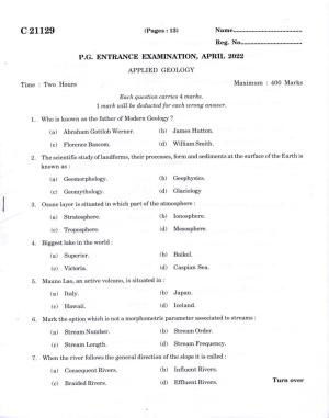CUCAT 2022 M.Sc. Applied Geology Question Paper