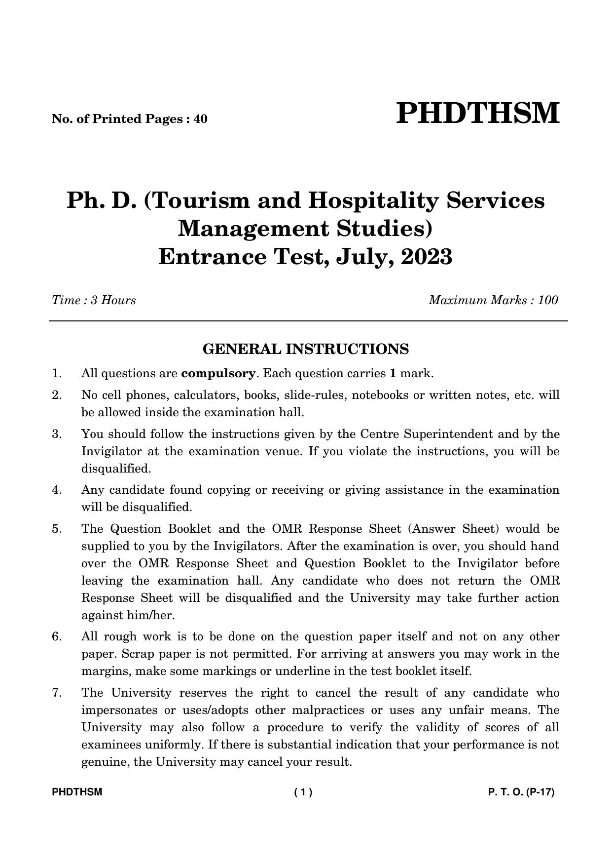 IGNOU PhD Entrance Test Ph. D. (Tourism and Hospitality Services Management Studies) Entrance Test, July, 2023 Question Paper - Page 2