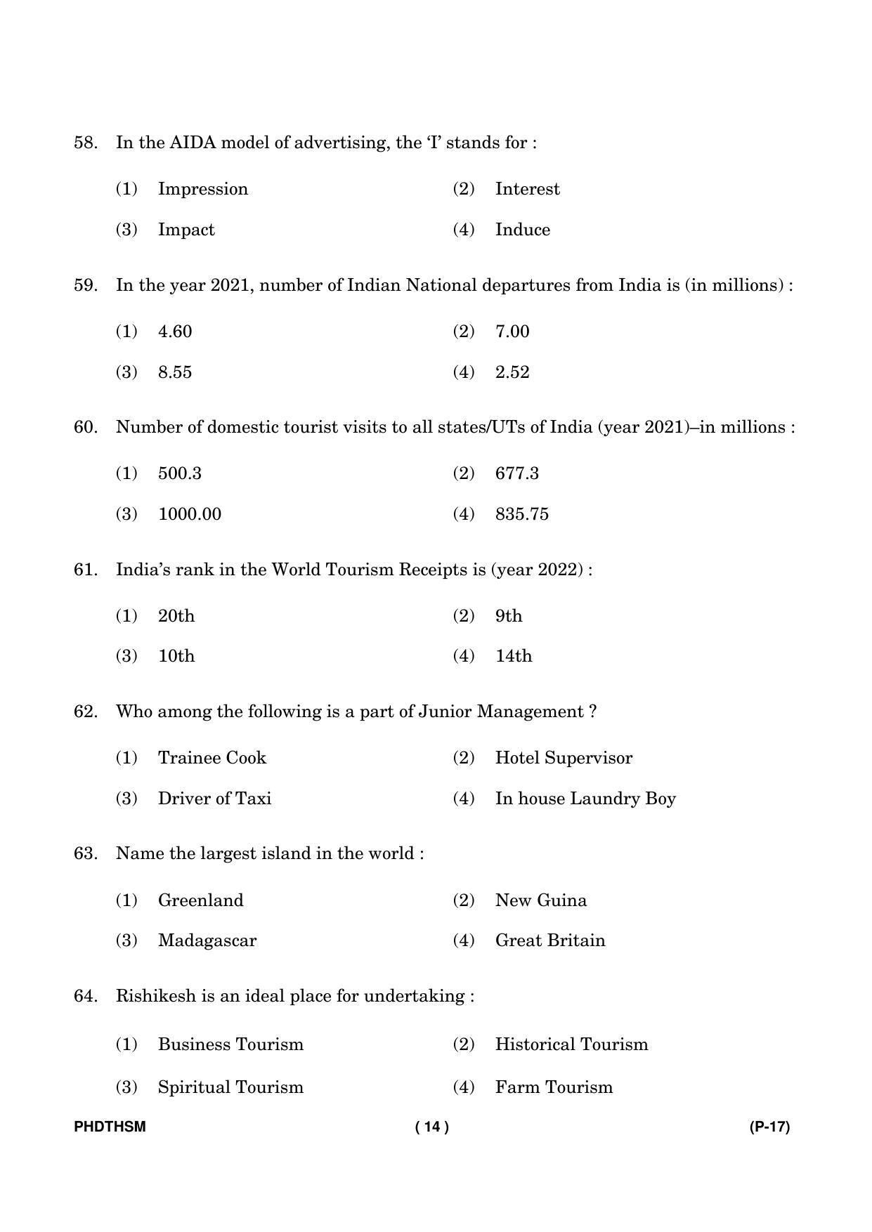 IGNOU PhD Entrance Test Ph. D. (Tourism and Hospitality Services Management Studies) Entrance Test, July, 2023 Question Paper - Page 15
