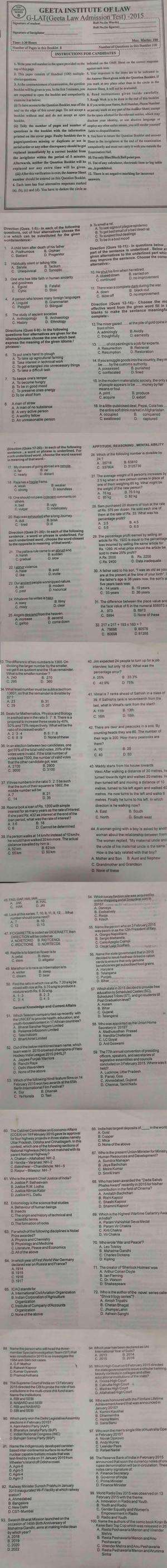 Geeta Law Admission Test (GLAT) 2015 Question Paper