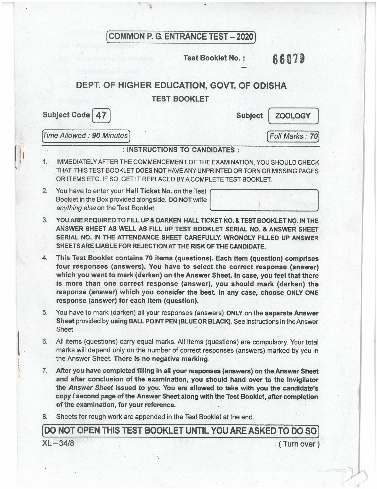 Odisha CPET 2021 ZOOLOGY Question Paper - Page 1