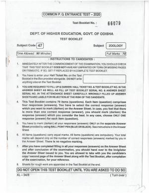Odisha CPET 2021 ZOOLOGY Question Paper