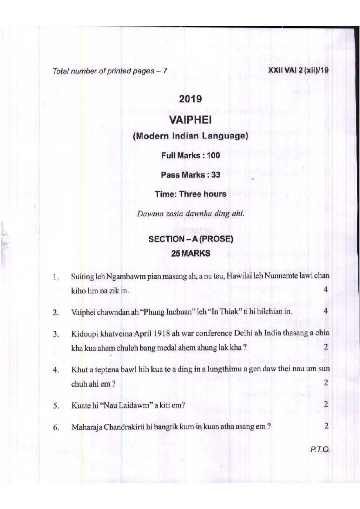 COHSEM Class 12	Vaiphei (M.I.L.) 2019 Question Papers - Page 1