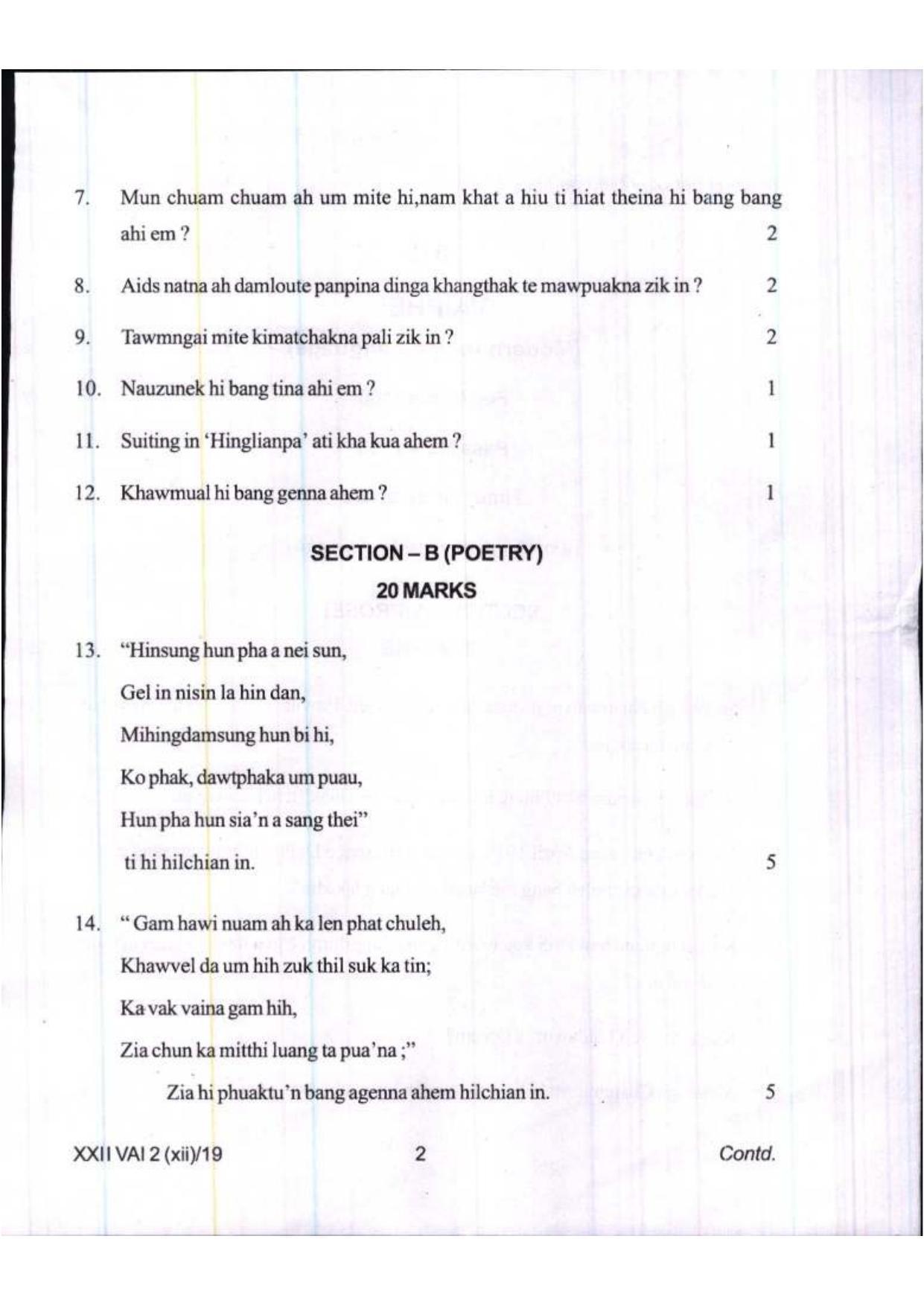COHSEM Class 12	Vaiphei (M.I.L.) 2019 Question Papers - Page 2