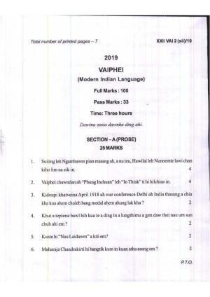 COHSEM Class 12	Vaiphei (M.I.L.) 2019 Question Papers
