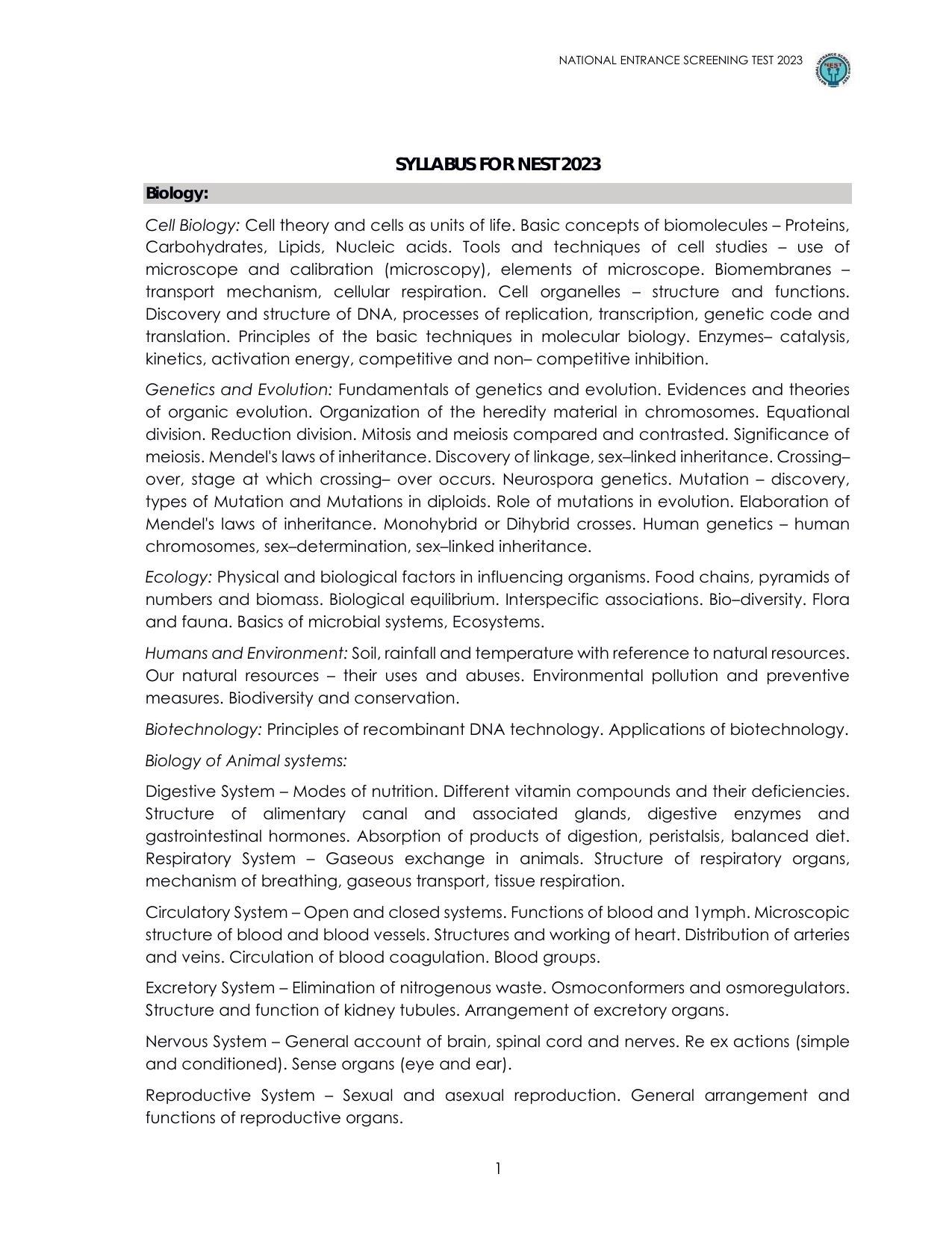 NEST Exam Syllabus - Page 1