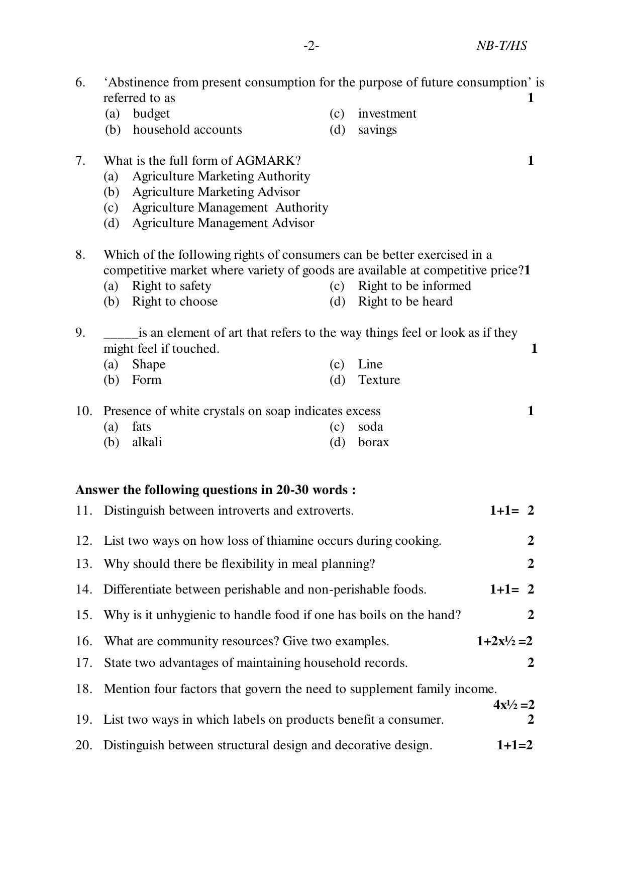 Nagaland Board Class 10 HOME SCIENCE 2019 Question Paper - Page 2