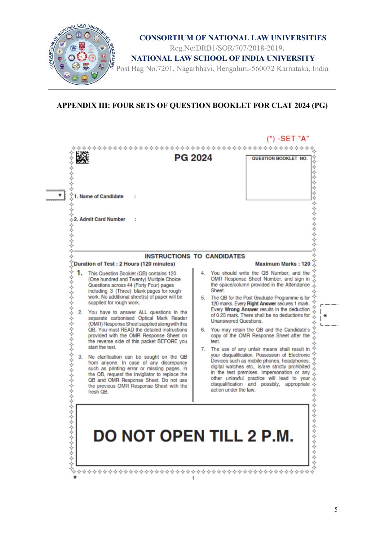 CLAT 2024 PG SET A Question Paper - Page 1