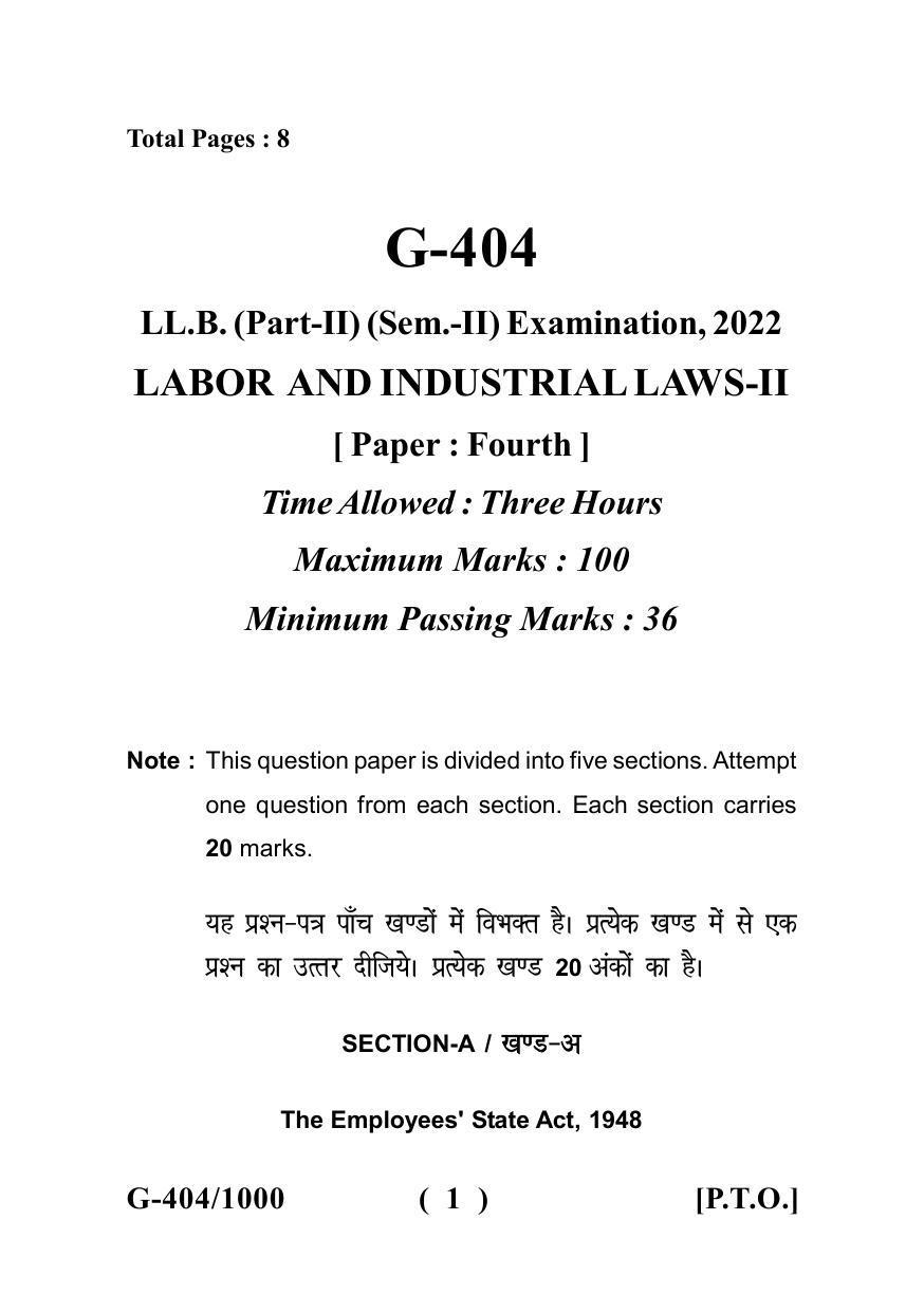Sarguja University Question Paper - 2022 : LL.B. Part Two (II Sem.) (New Course) Labour & Industrial Laws-I Paper 1 - Page 1