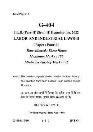 Sarguja University Question Paper - 2022 : LL.B. Part Two (II Sem.) (New Course) Labour & Industrial Laws-I Paper 1