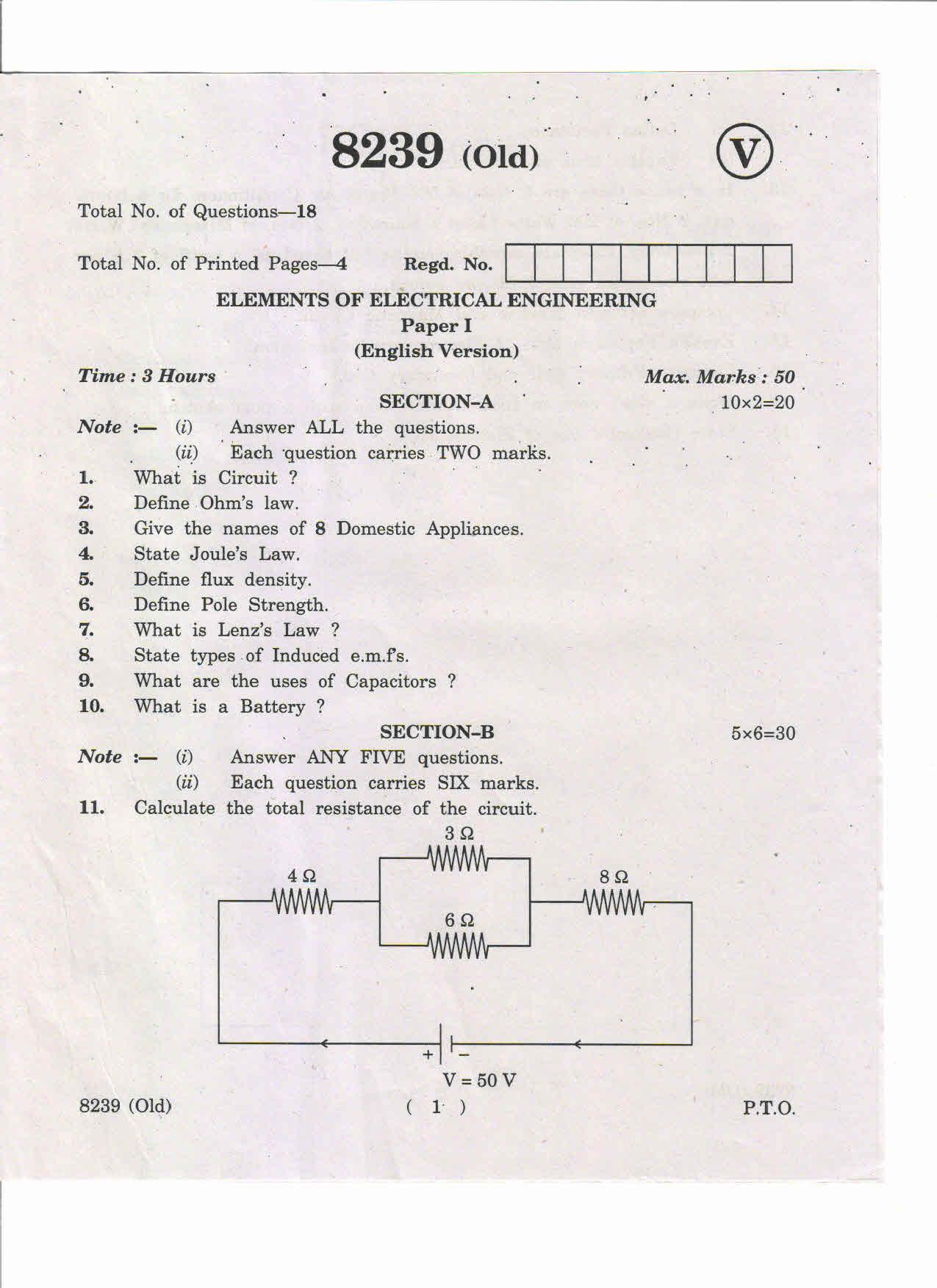 AP Inter 1st Year Elements of Electrical Engineering-I (Old) May-2019-Vocational Question Paper - Page 1