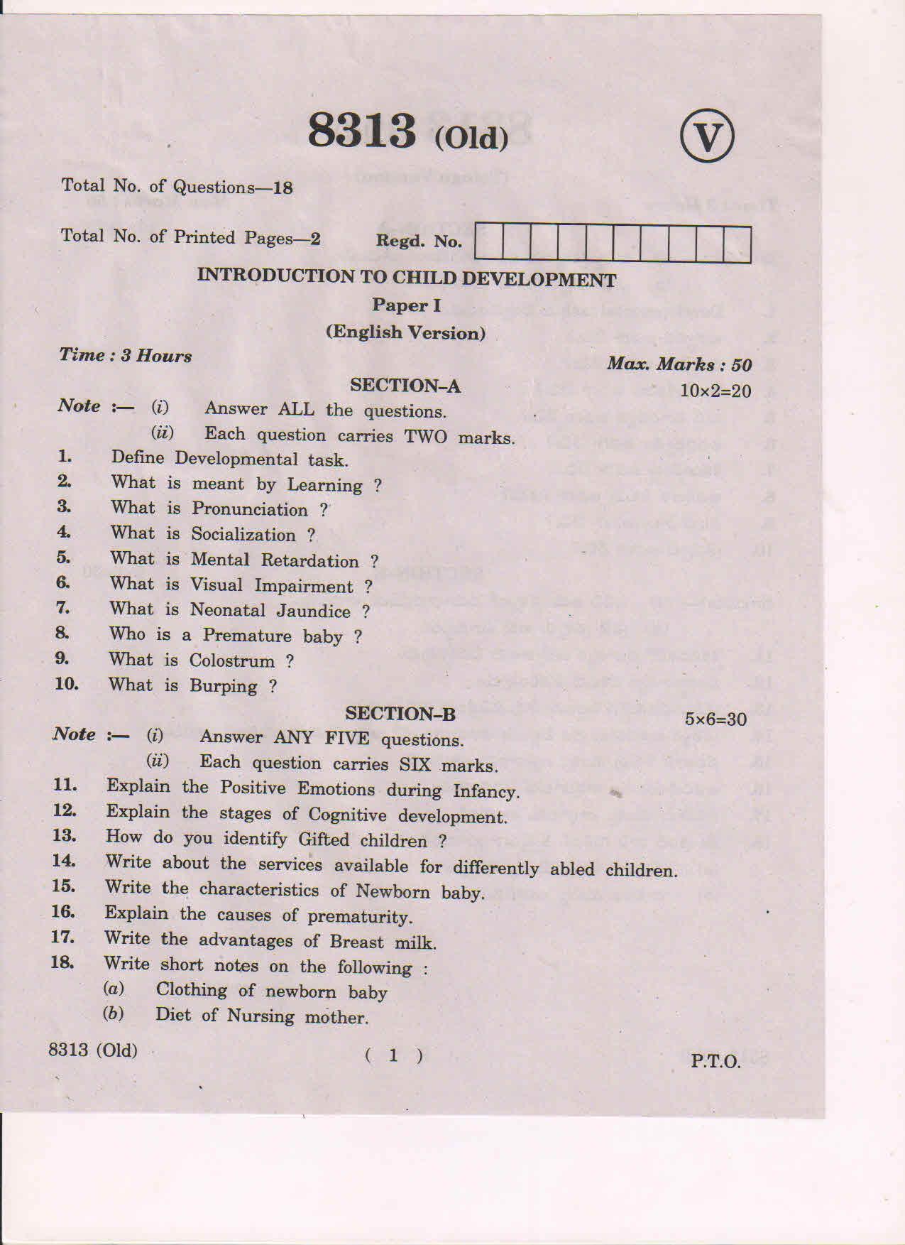 AP Inter 1st Year Interoduction to Child Development-I (Old) March-2019-Vocational Question Paper - Page 1