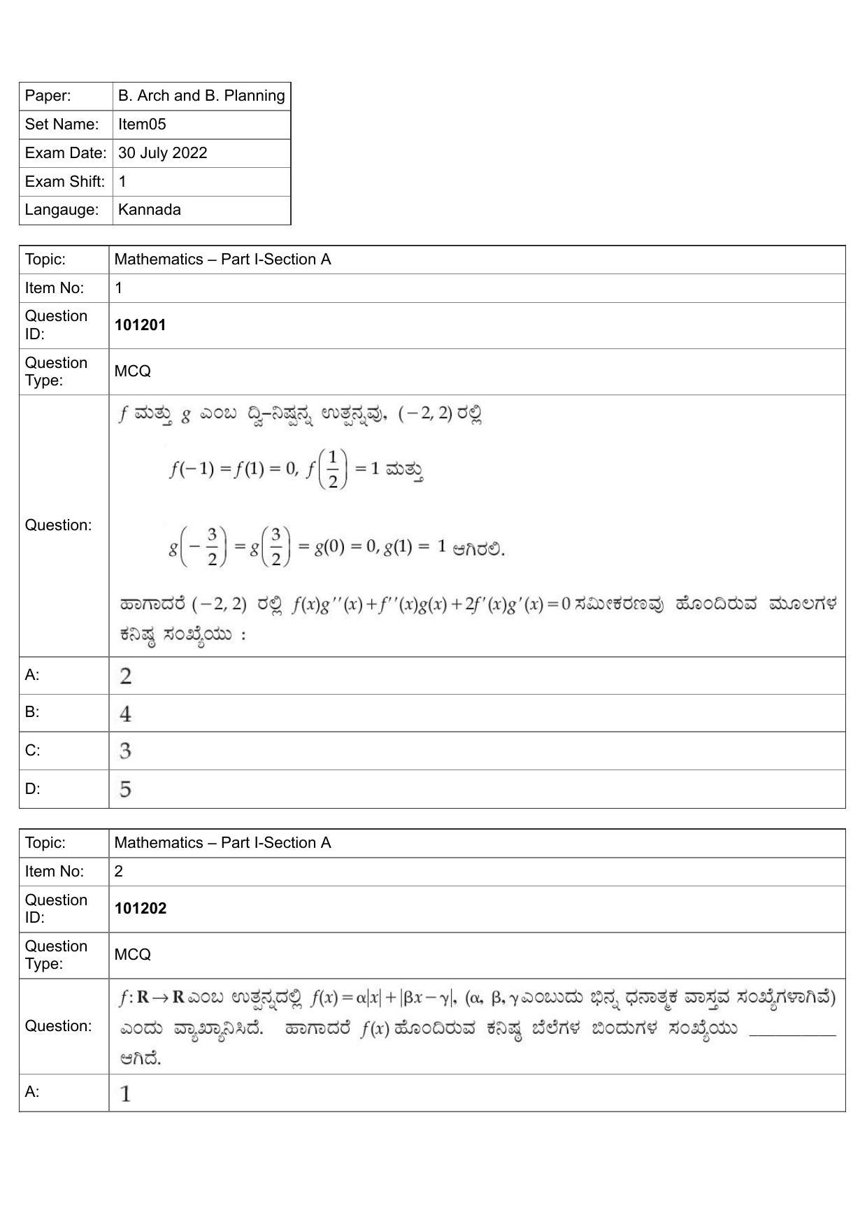 JEE Mains 2022: B Arch & B Planning Kannada (Shift 1) 30-07-2022 Question Paper - Page 1