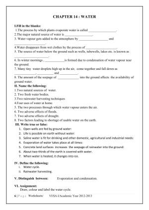 CBSE Worksheets for Class 6 Science Water Assignment 1