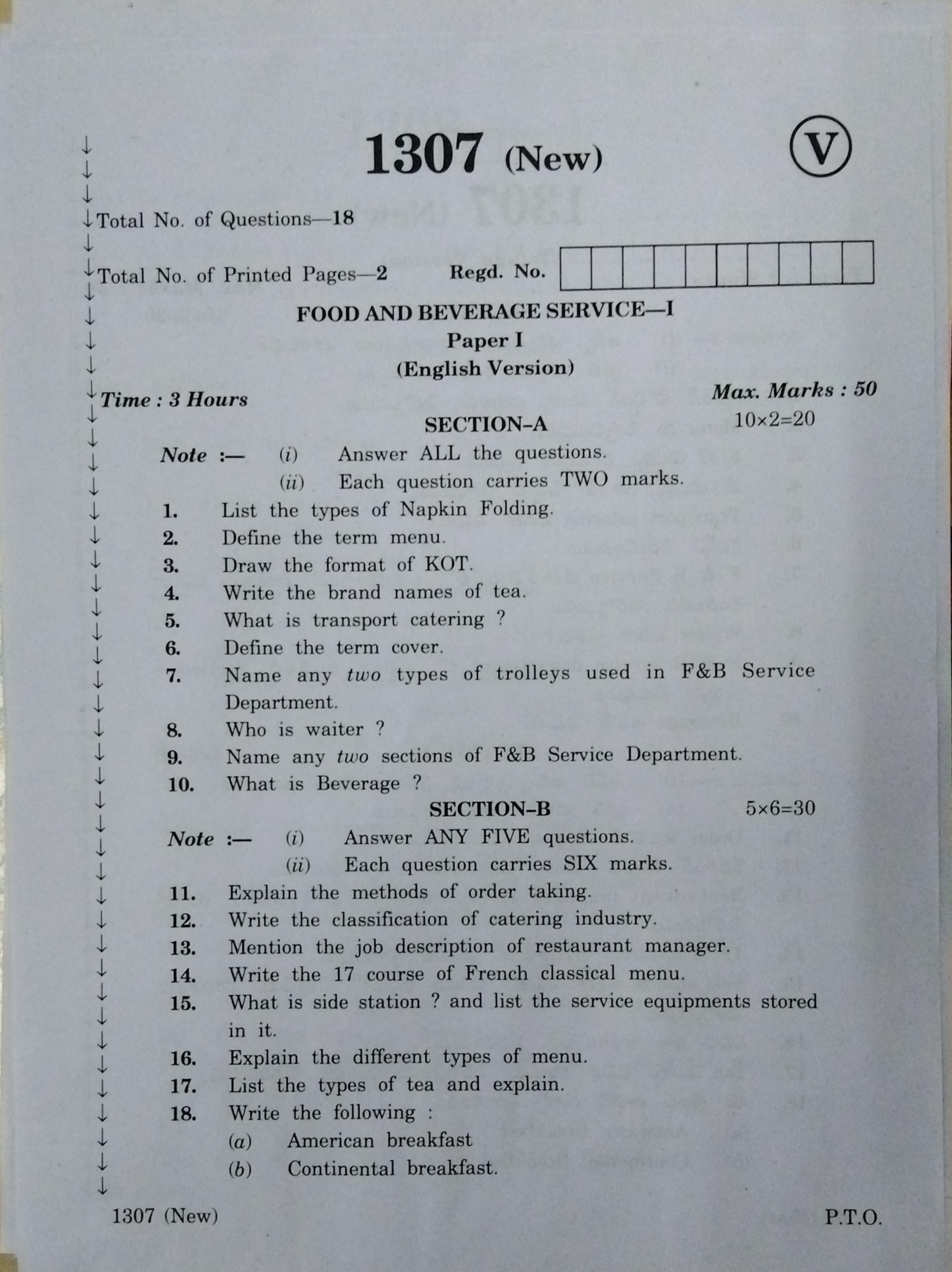 AP Inter 1st Year  Food and Beverag Service-I March-2020-Vocational Question Paper - Page 1