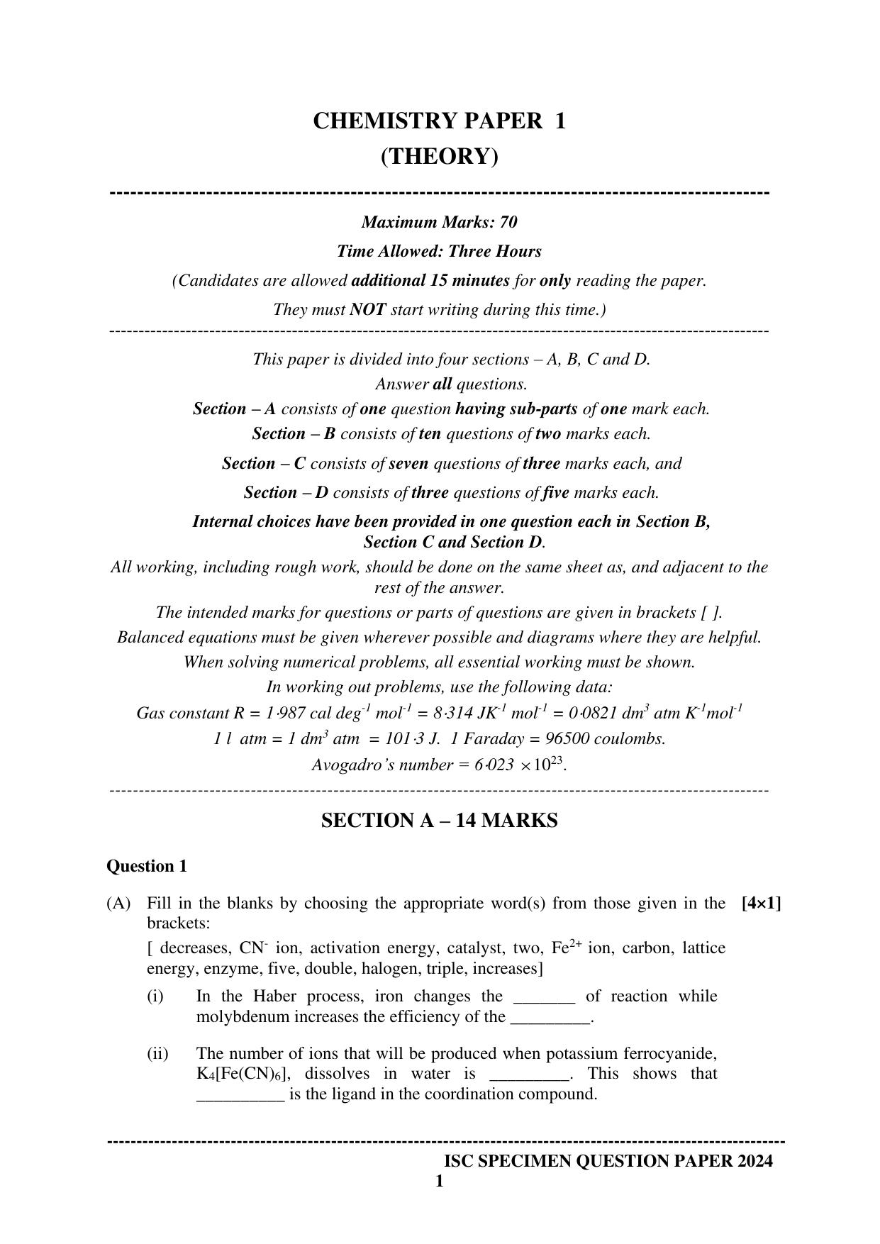 ISC Class 12 2024 CHEMISTRY PAPER 1 Sample Paper - Page 1