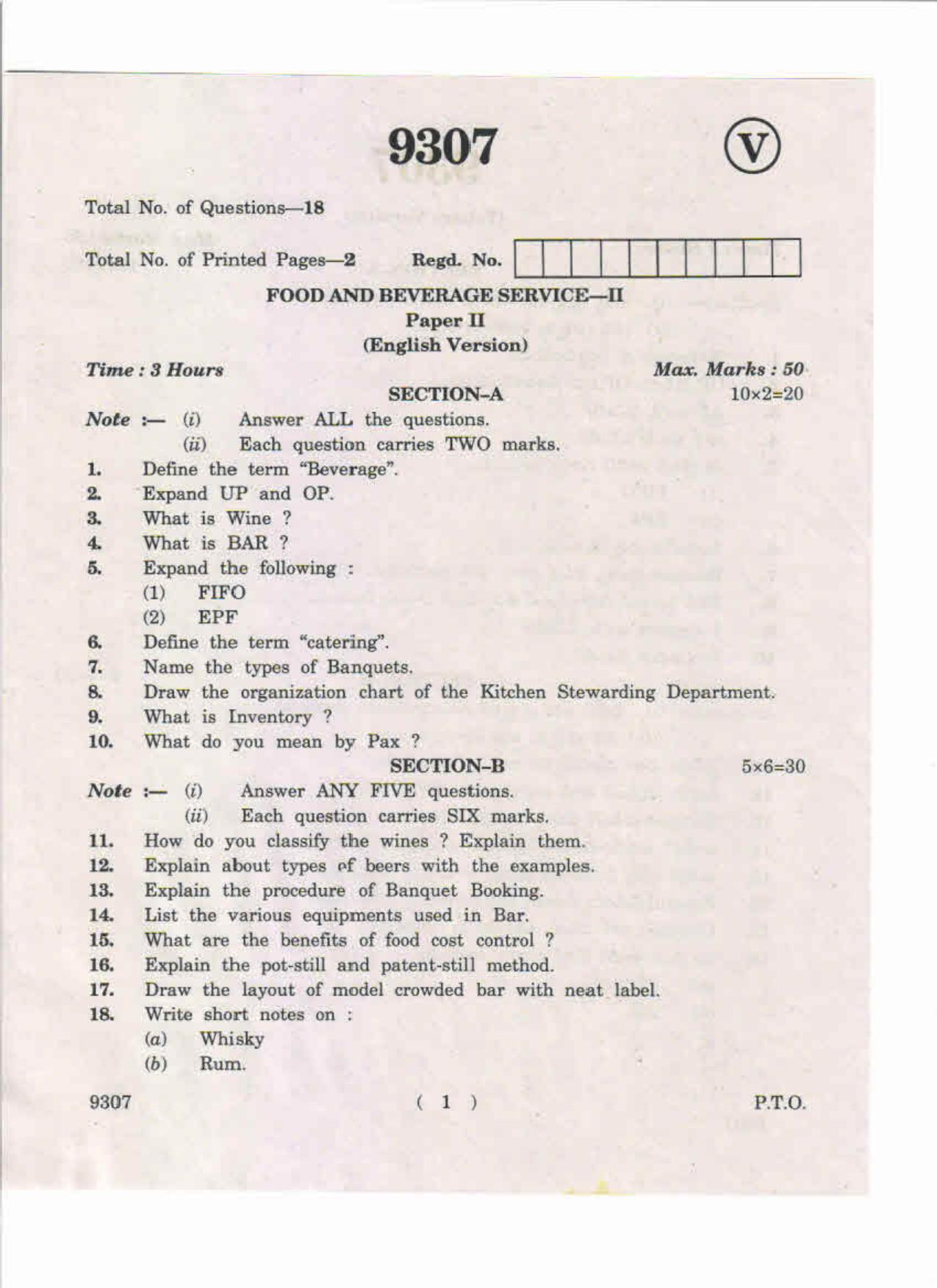 AP Inter 2nd Year Food and Beverage Service-II May-2019-Vocational Question Paper - Page 1