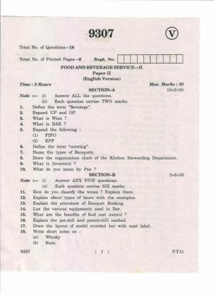 AP Inter 2nd Year Food and Beverage Service-II May-2019-Vocational Question Paper