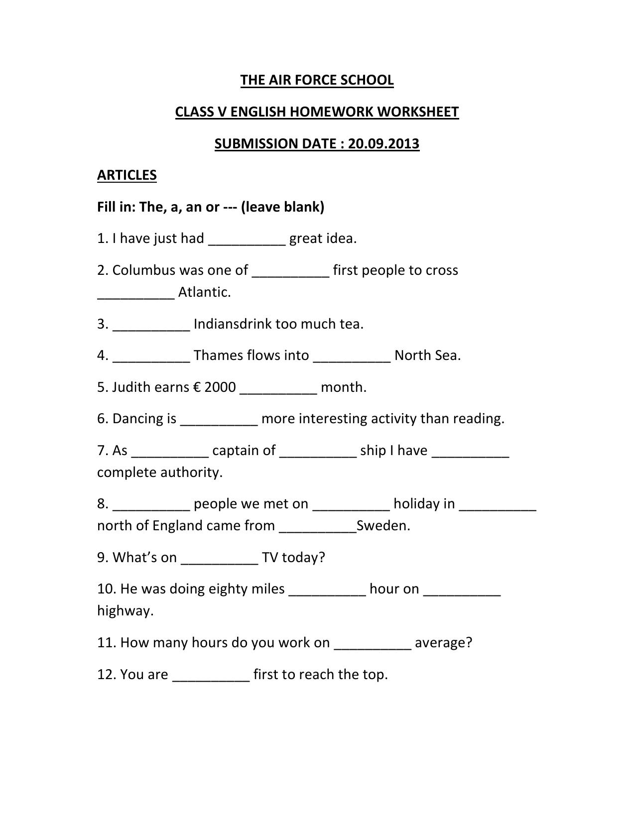 Worksheet for Class 5 English Articles Assignment 1 - Page 1