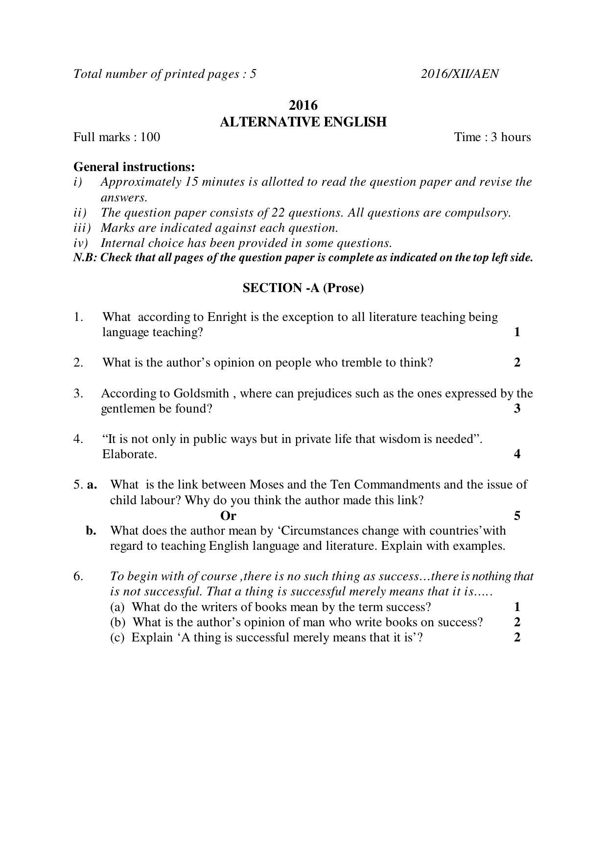 Nagaland Board Class 12 ALTERNATIVE ENGLISH 2016 Question Papers - Page 1