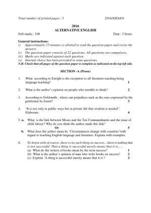 Nagaland Board Class 12 ALTERNATIVE ENGLISH 2016 Question Papers