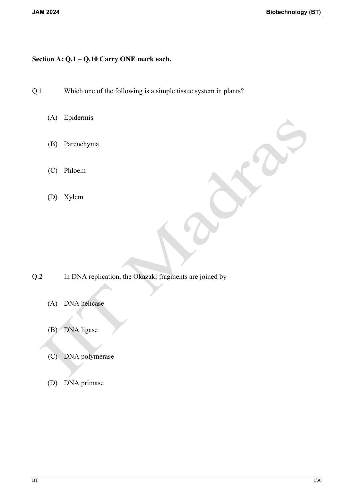 IIT JAM 2024 Biotechnology (BT) Master Question Paper - Page 1
